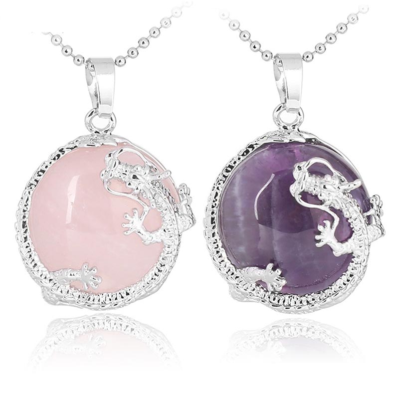 Fortune Jewel Chinese Dragon Natural Quartz Crystal Healing Energy Necklace Pendant