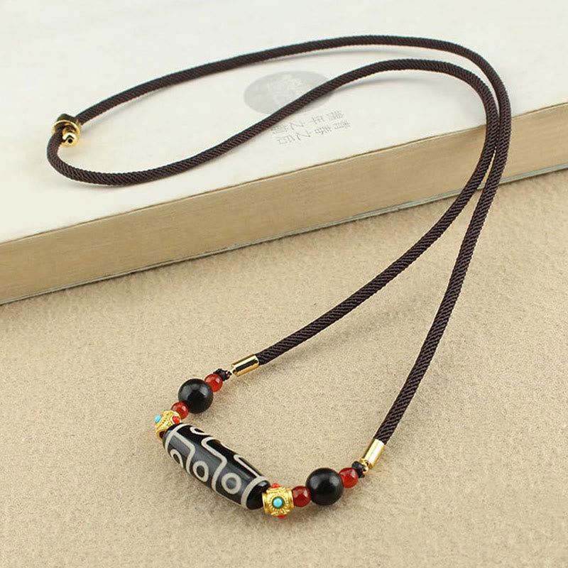 Fortune Jewel Tibetan Nine-Eye Dzi Bead Protection Blessings String Necklace Pendant