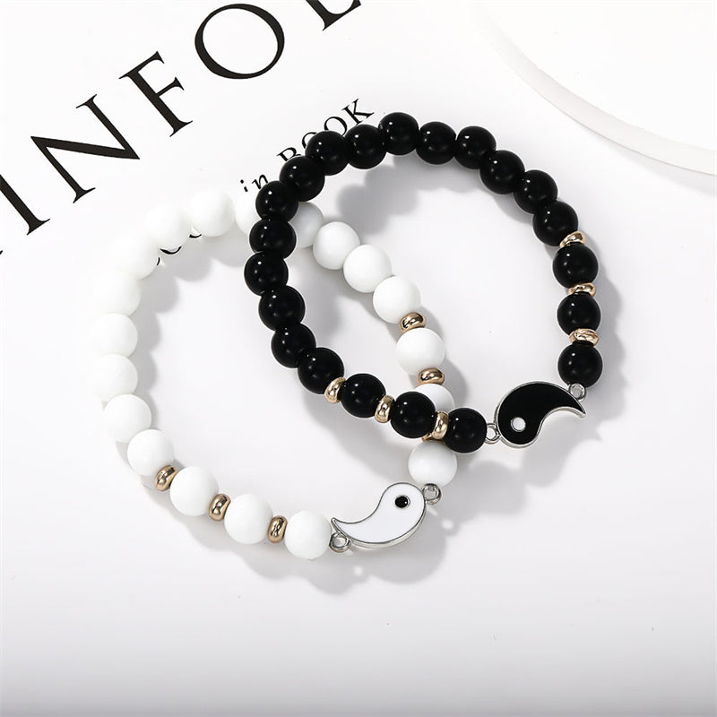 Fortune Jewel 2Pcs Black Onyx White Turquoise Bead Yin Yang Protection Couple Bracelet