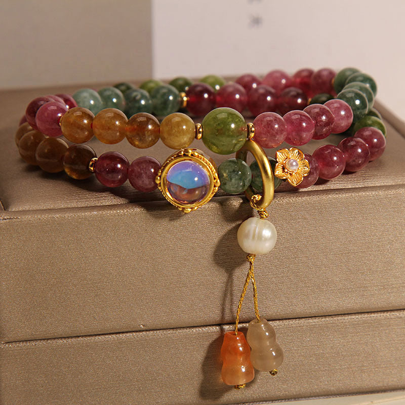 Fortune Jewel Multicolored Tourmaline Positive Double Wrap Gourd Charm Bracelet