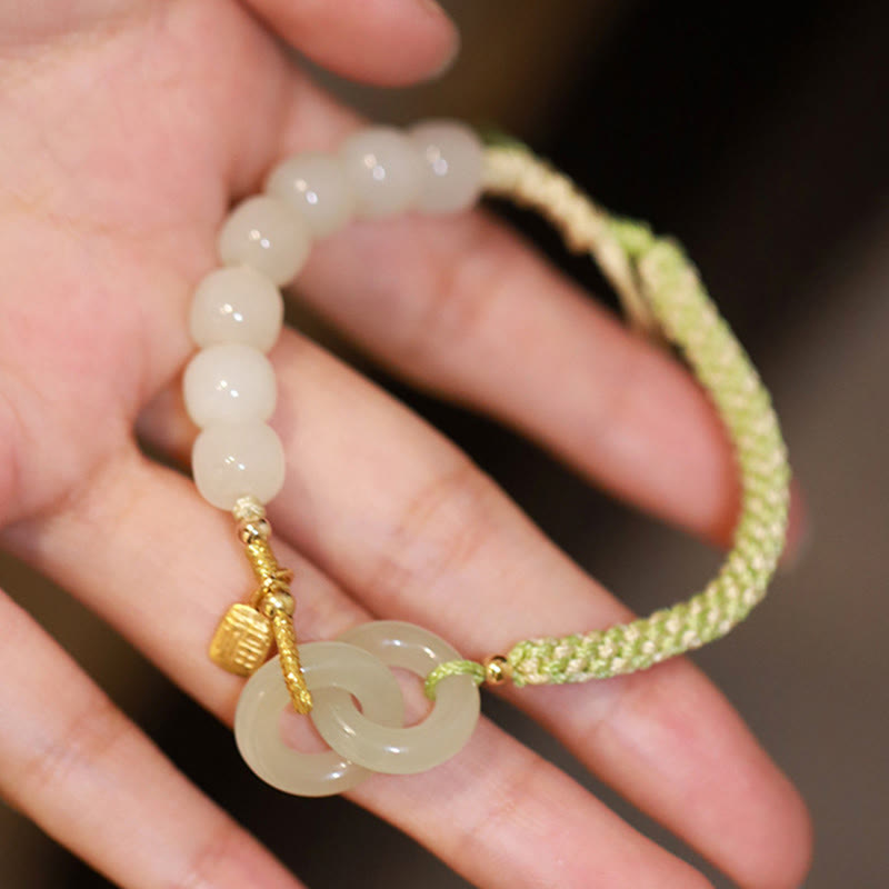 Fortune Jewel Natural Hetian Jade Bead Double Peace Buckle Fu Character Abundance Braided Bracelet