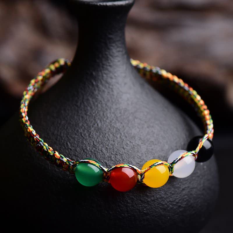 Fortune Jewel Colorful Agate Metal Wood Water Fire Earth Five Elements String Bracelet