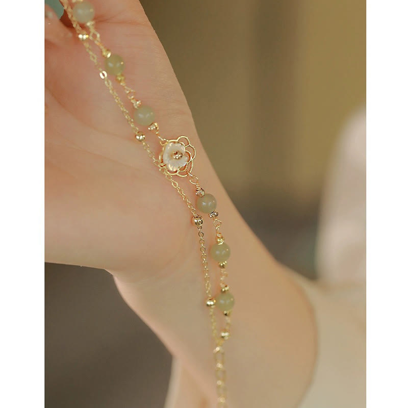 Fortune Jewel 14K Gold Plated Jade Butterfly Tridacna Stone Flower Double Layer Luck Bracelet