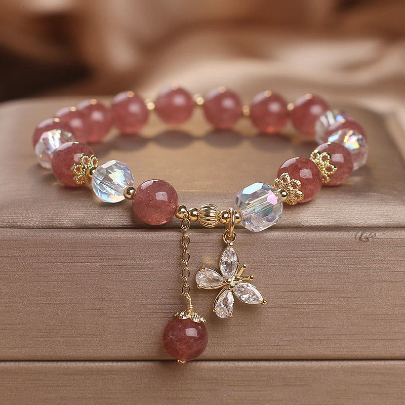 Fortune Jewel Natural Strawberry Quartz Love Healing Butterfly Charm Bracelet