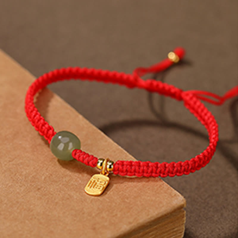 Fortune Jewel 925 Sterling Silver Hetian Jade Blessing Wealth Red String Bracelet