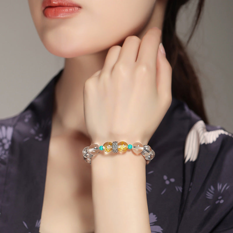 Fortune Jewel 925 Sterling Silver Chinese Zodiac Natal Buddha Auspicious Groups White Crystal Hetian Jade Healing Bracelet