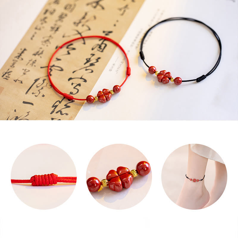 Fortune Jewel Four Leaf Clover Cinnabar Blessing Calm String Bracelet Anklet