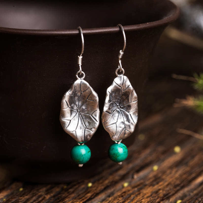 Fortune Jewel 925 Sterling Silver Turquoise Lotus Leaf Protection Drop Dangle Earrings