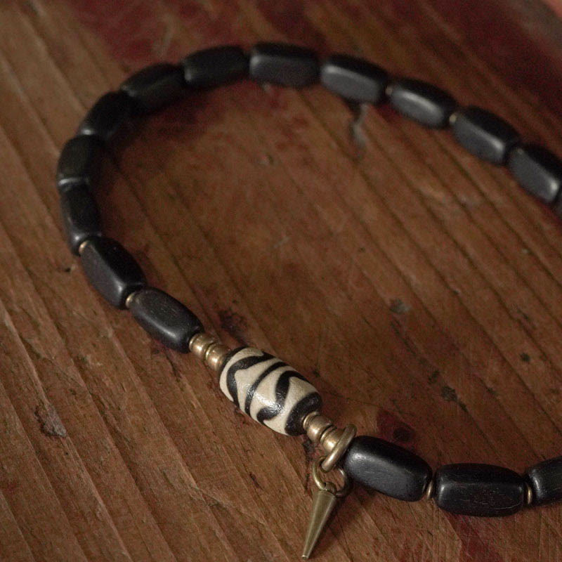 Fortune Jewel Tibet Ebony Wood Dzi Bead Copper Balance Double Wrap Bracelet