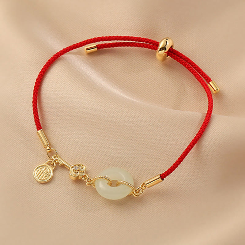Fortune Jewel 18K Gold Plated Hetian Jade Peace Buckle Fu Character Luck Red Rope Bracelet