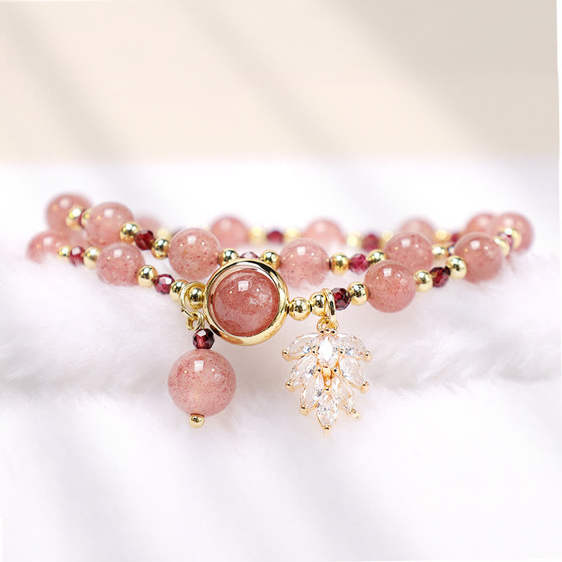 Fortune Jewel Natural Strawberry Quartz Love Healing Maple Leaf Charm Double Wrap Bracelet