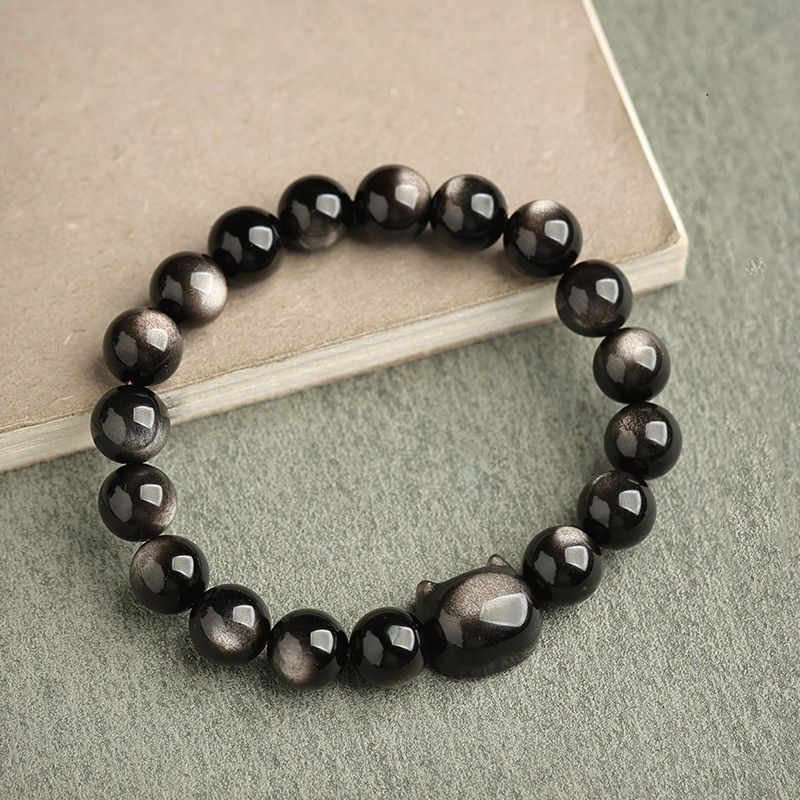 Fortune Jewel Gold Sheen Obsidian Silver Sheen Obsidian Lovely Paw Lucky Cat Protection Bracelet