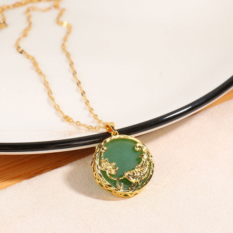 Fortune Jewel Natural Jade Koi Fish Lotus Luck Necklace Pendant
