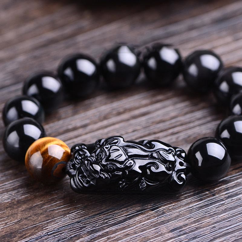 Fortune Jewel Natural Black Obsidian PiXiu Tiger's Eye Strength Bracelet