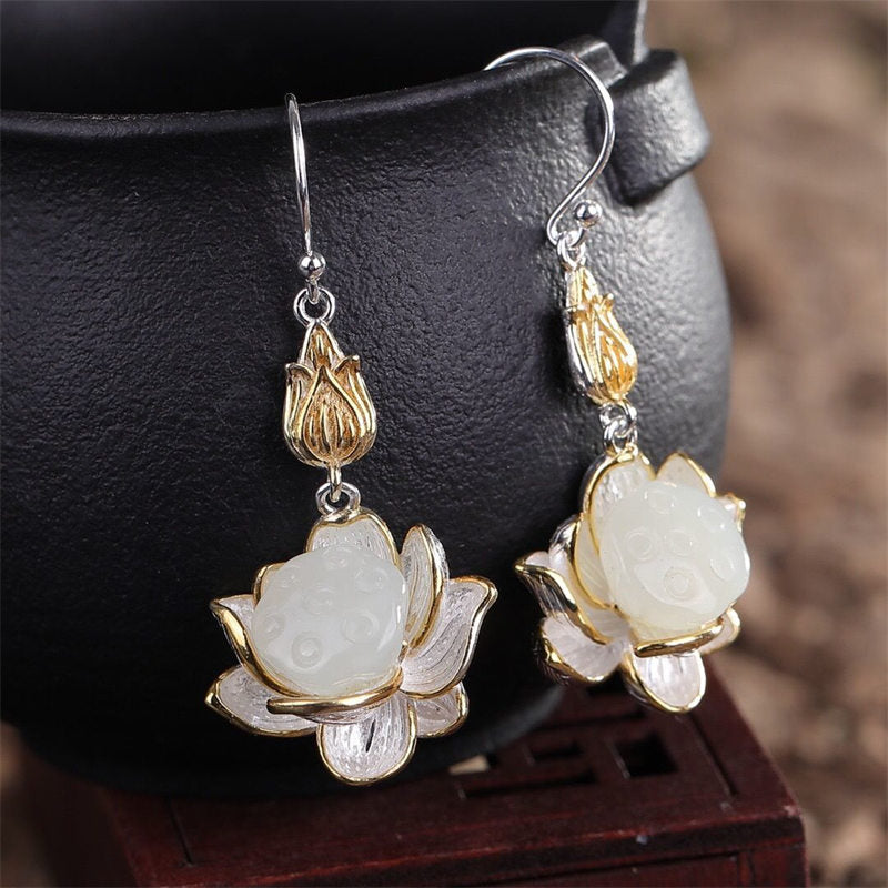 Fortune Jewel White Jade Protection Harmony Drop Earrings