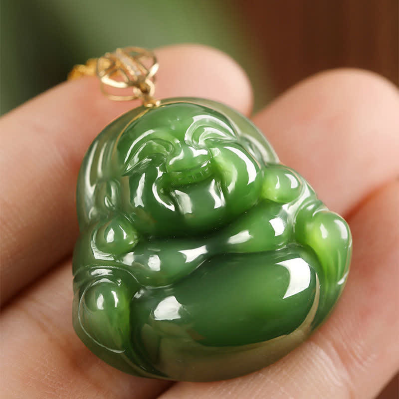 Fortune Jewel 925 Sterling Silver Laughing Buddha Hetian Cyan Jade 18K Gold Success Necklace Chain Pendant Fortune Jewel