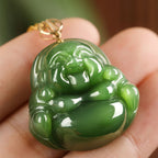 Fortune Jewel 925 Sterling Silver Laughing Buddha Hetian Cyan Jade 18K Gold Success Necklace Chain Pendant Fortune Jewel