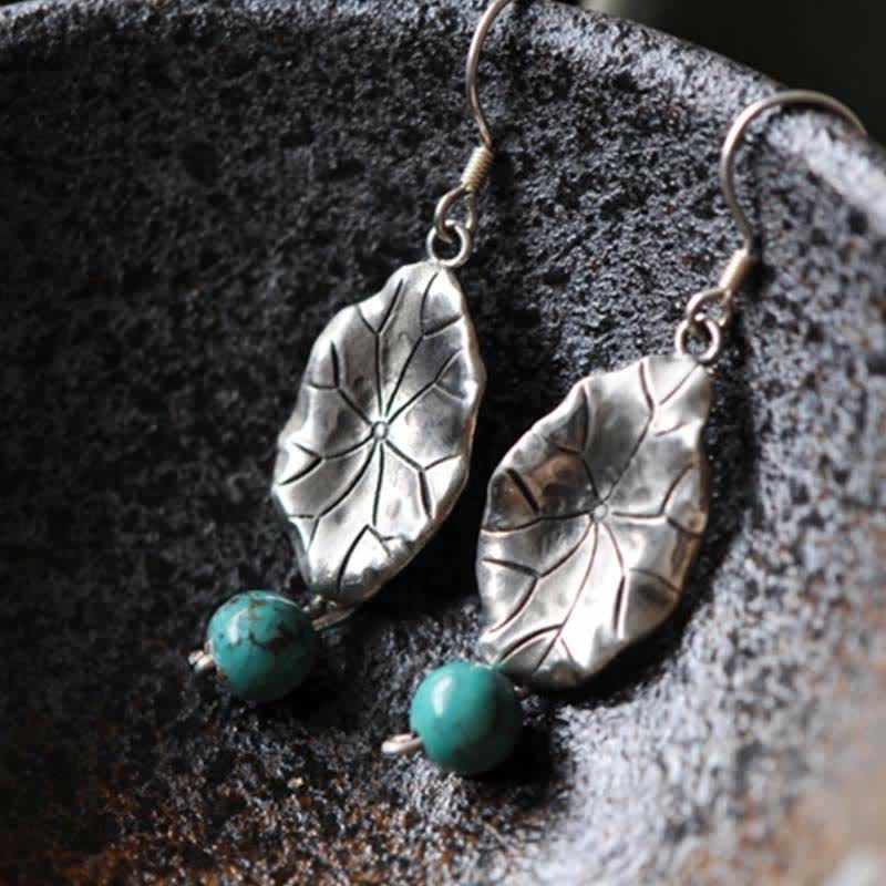 Fortune Jewel 925 Sterling Silver Turquoise Lotus Leaf Protection Drop Dangle Earrings