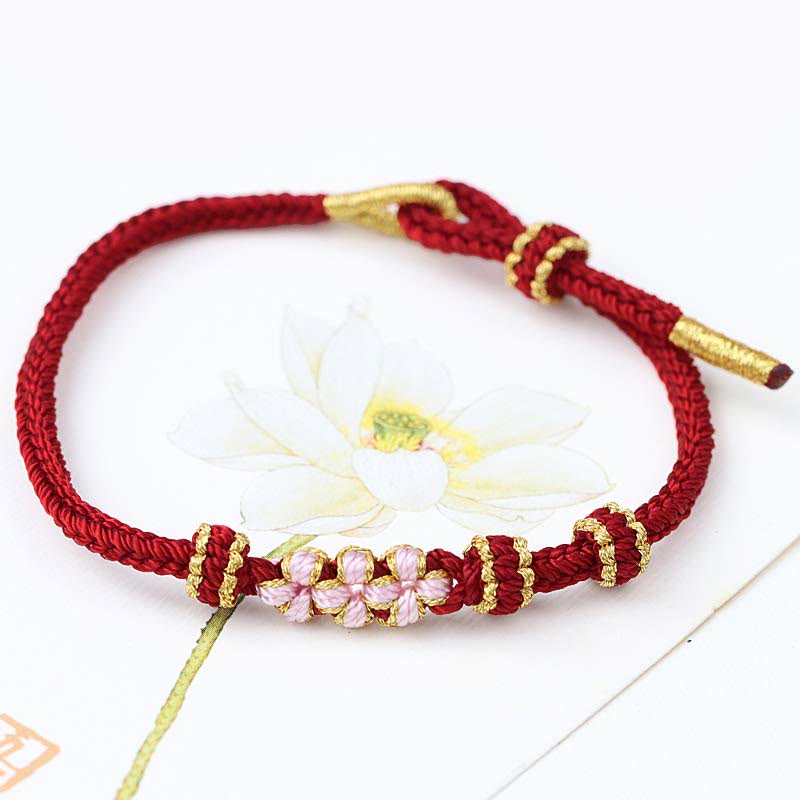 Fortune Jewel Handmade Three Peach Blossoms Luck Eight Strands Braided String Bracelet