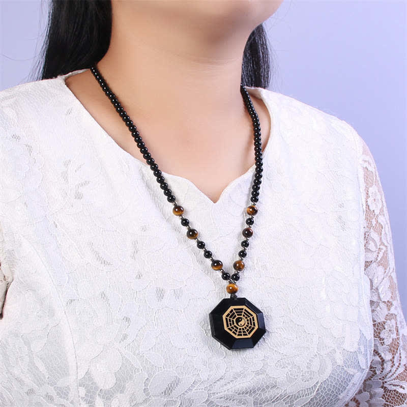 Fortune Jewel Bagua Yin Yang Black Obsidian Purification Beaded Necklace Pendant