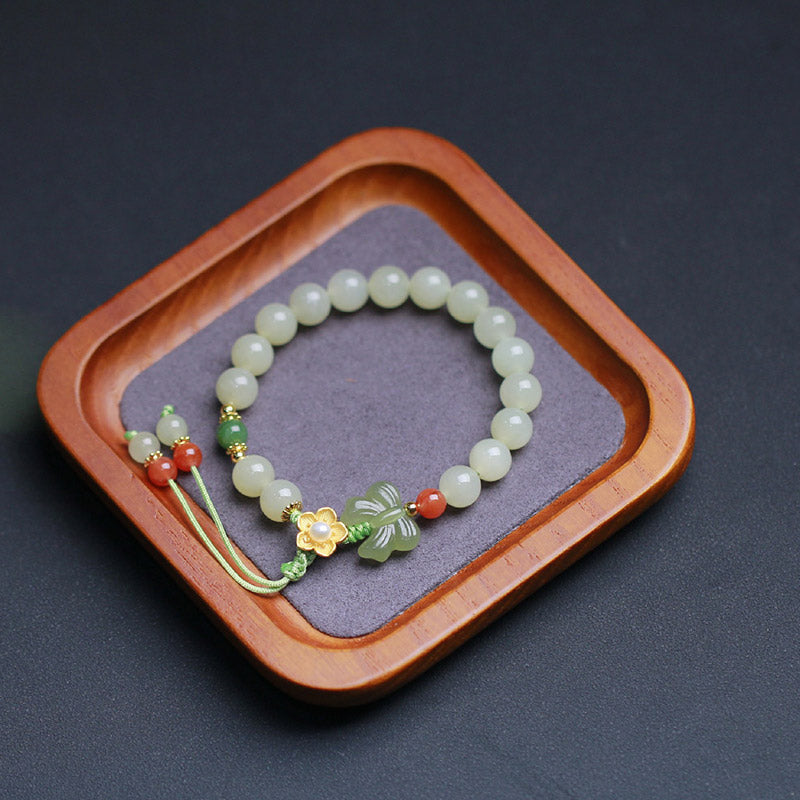 Fortune Jewel 925 Sterling Silver Jade Luck Flower Butterfly Bracelet