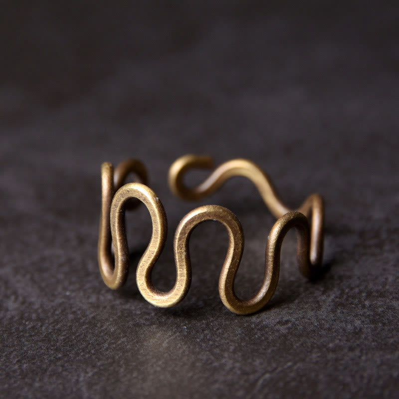 Fortune Jewel Simple Curved Brass Design Copper Luck Wealth Adjustable Ring
