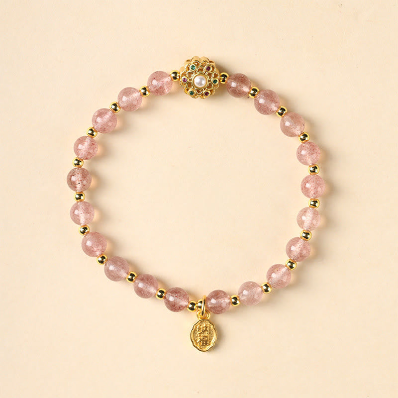 Fortune Jewel 14K Gold Plated Natural Strawberry Quartz Labradorite Sun Stone Fu Character Positive Charm Bracelet