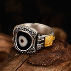 Fortune Jewel 925 Sterling Silver Zakiram Goddess of Wealth Design Dzi Bead Protection Ring