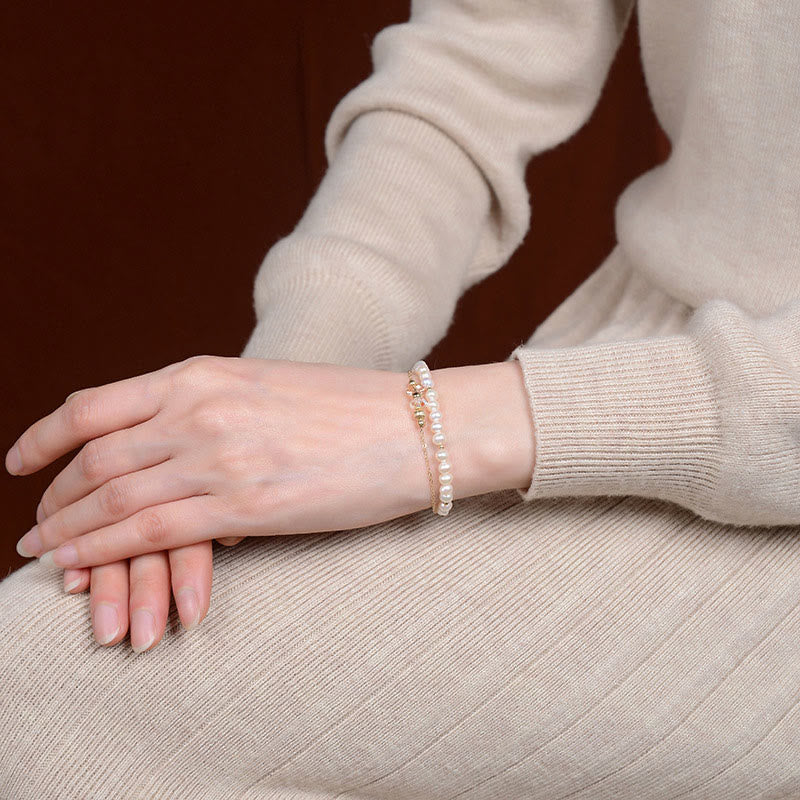 Fortune Jewel 925 Sterling Silver Plated 14k Gold Natural Pearl Crystal Healing Double Layer Bracelet