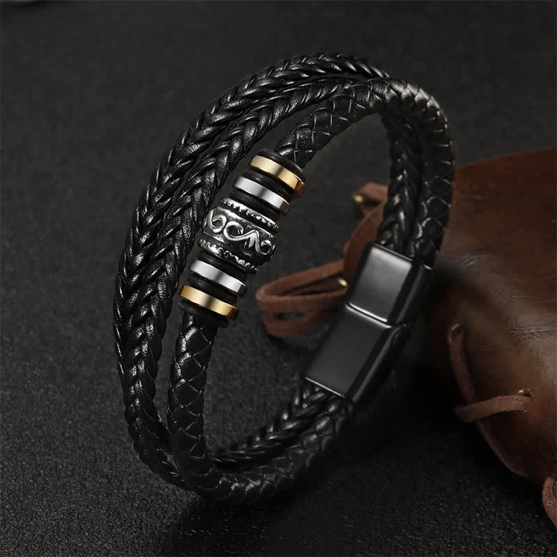 Fortune Jewel Leather Layered Titanium Steel Balance Braided Bracelet
