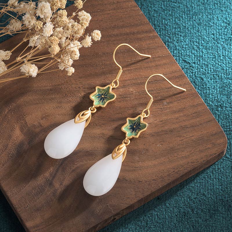 Fortune Jewel FengShui White Jade Luck Drop Earrings