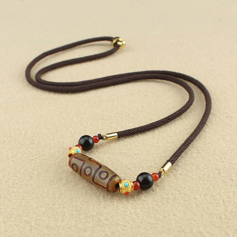 Fortune Jewel Tibetan Nine-Eye Dzi Bead Protection Blessings String Necklace Pendant