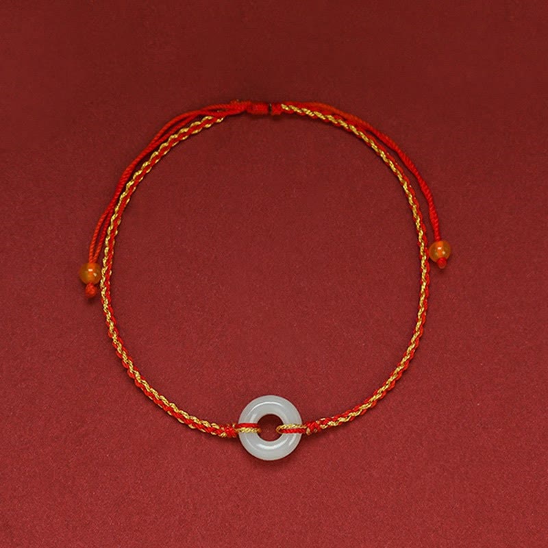 Fortune Jewel Round Peace Buckle Jade Luck Abundance Braided Bracelet Anklet