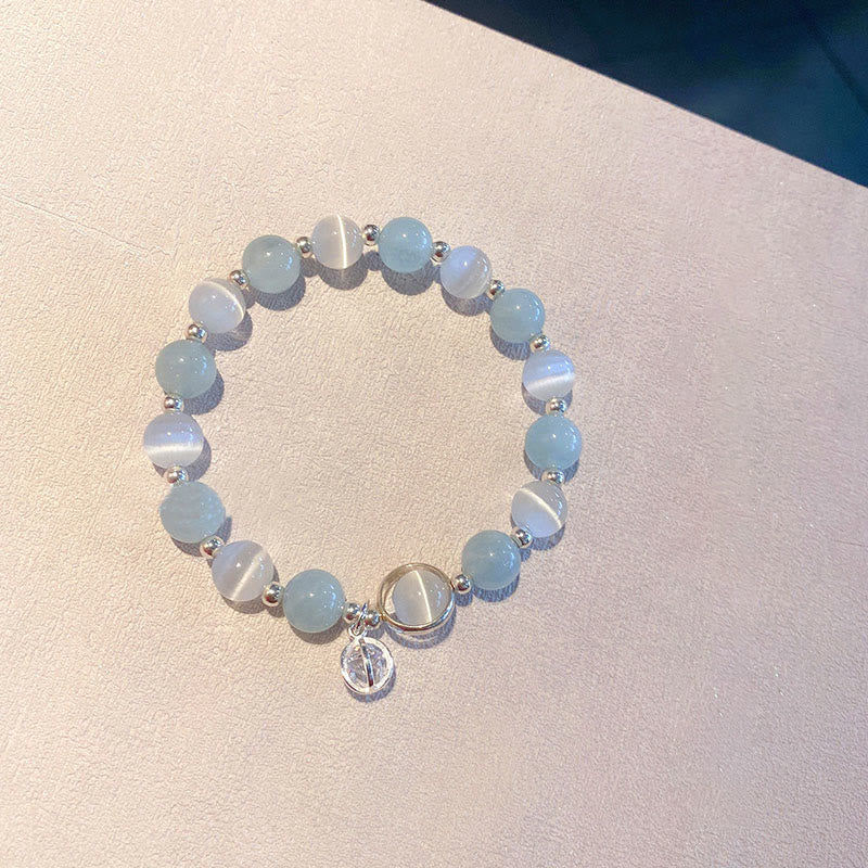 Fortune Jewel 925 Sterling Silver Cat's Eye Aquamarine Support Charm Bracelet