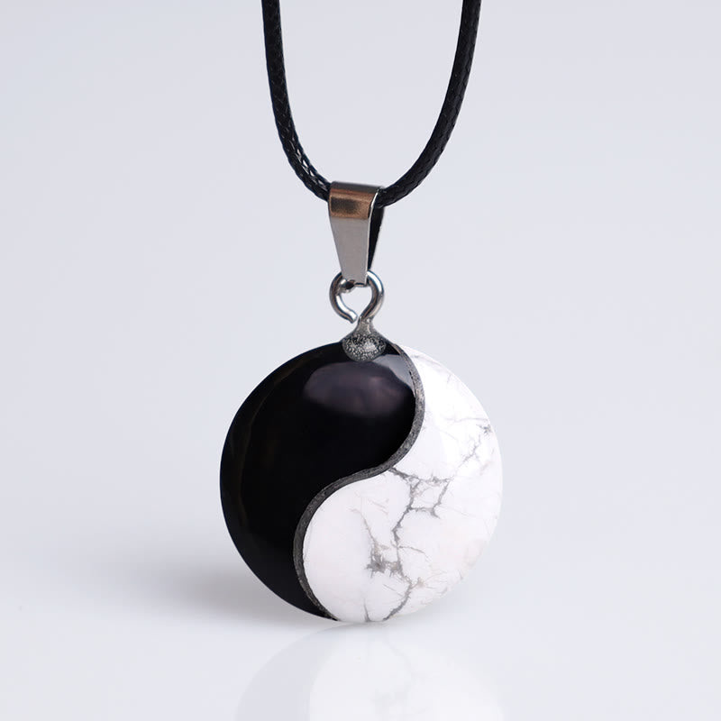 Fortune Jewel Natural Black Obsidian White Turquoise Yin Yang Transformation Rope Necklace Pendant