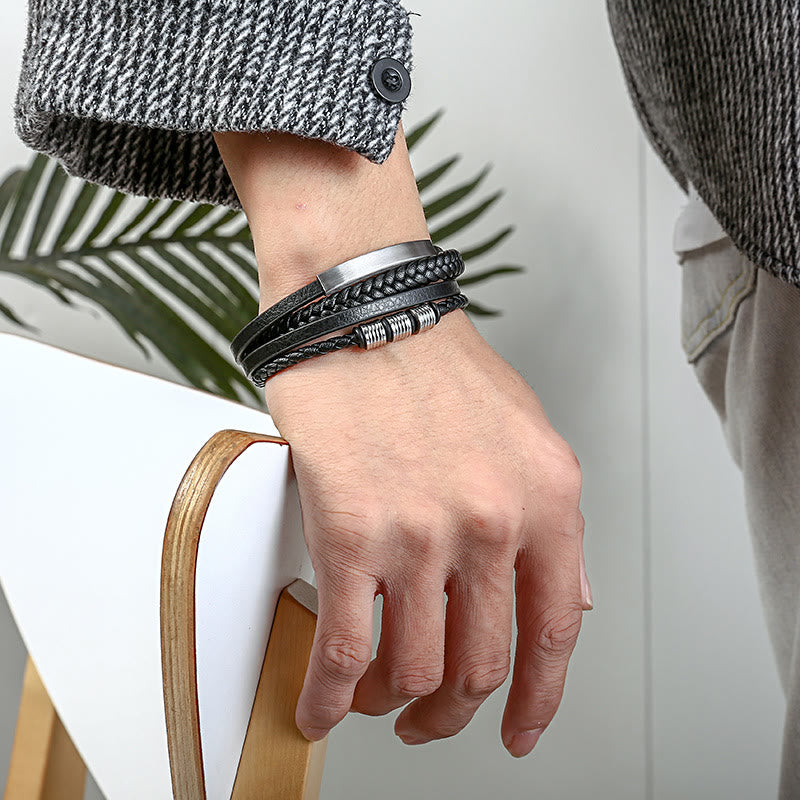Fortune Jewel Leather Multi-Layer Titanium Steel Balance Braided Magnetic Buckle Bracelet
