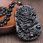 Fortune Jewel Black Obsidian Stone Dragon Fulfilment Pendant Necklace