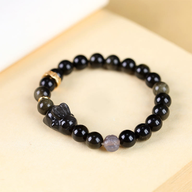 Fortune Jewel Gold Sheen Obsidian Black Obsidian Silver Sheen Obsidian Cute Rabbit Protection Bracelet