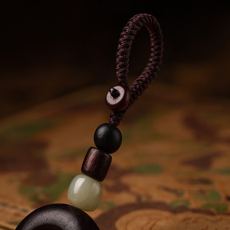 Fortune Jewel Tibet Om Mani Padme Hum PiXiu Copper Coin Small Leaf Red Sandalwood Cinnabar Protection Key Chain