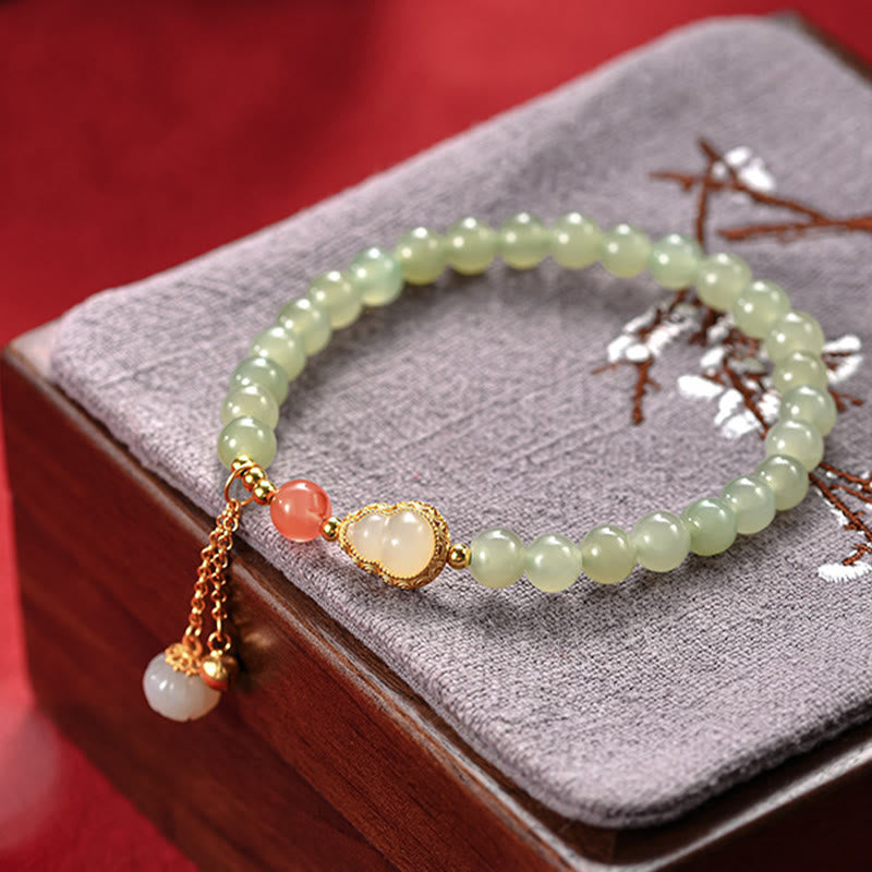Fortune Jewel 925 Sterling Silver Hetian Jade Gourd Lotus Abundance Luck Bracelet