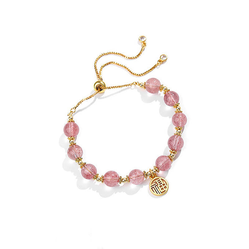 Fortune Jewel 14K Gold Plated Natural Strawberry Quartz Fu Character Positive Charm Bracelet