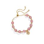 Fortune Jewel 14K Gold Plated Natural Strawberry Quartz Fu Character Positive Charm Bracelet