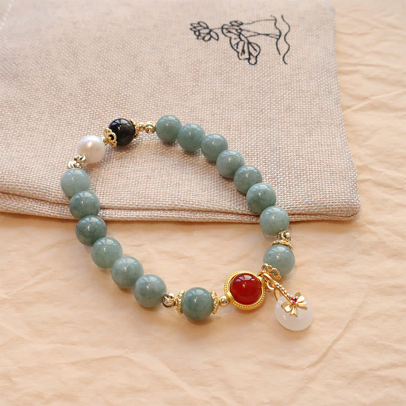Fortune Jewel Natural Jade Red Agate Pearl Bow Tie Luck Bracelet