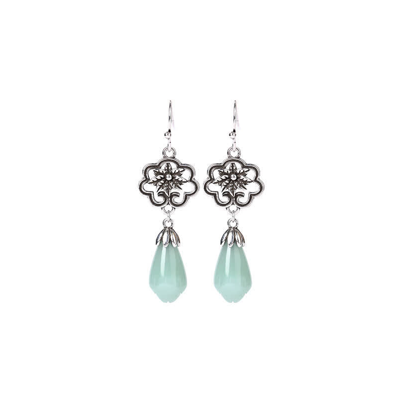 Fortune Jewel Magnolia Flower Jade Water Drop Prosperity Dangle Earrings