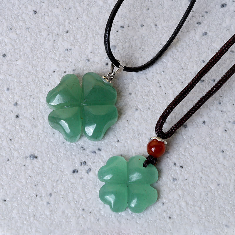 Fortune Jewel 925 Sterling Silver Green Aventurine Four Leaf Clover Luck Leather Rope Necklace Pendant