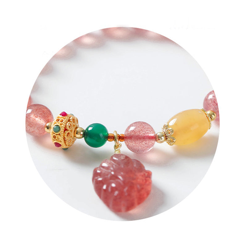 Fortune Jewel Natural Strawberry Quartz Nine Tailed Fox Healing Bracelet