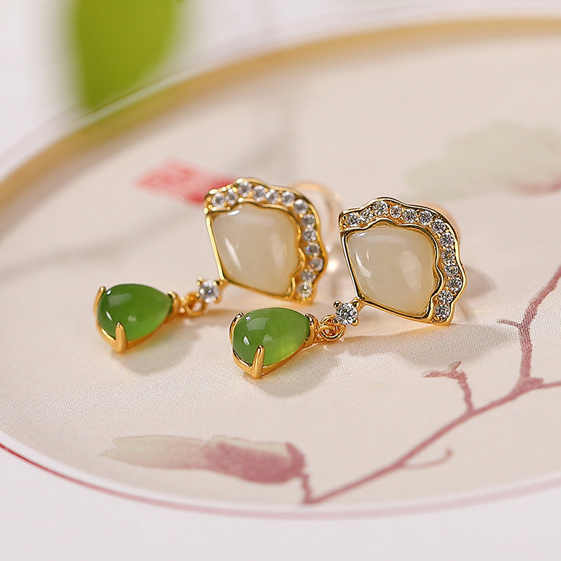 Fortune Jewel White Jade Cyan Jade Fan Water Drop Pattern Luck Drop Earrings