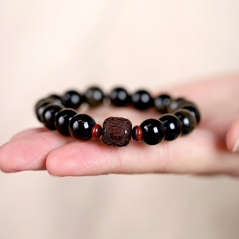 Fortune Jewel Natural Gold Sheen Obsidian Rainbow Obsidian Om Mani Padme Hum Fu Character Healing Bracelet