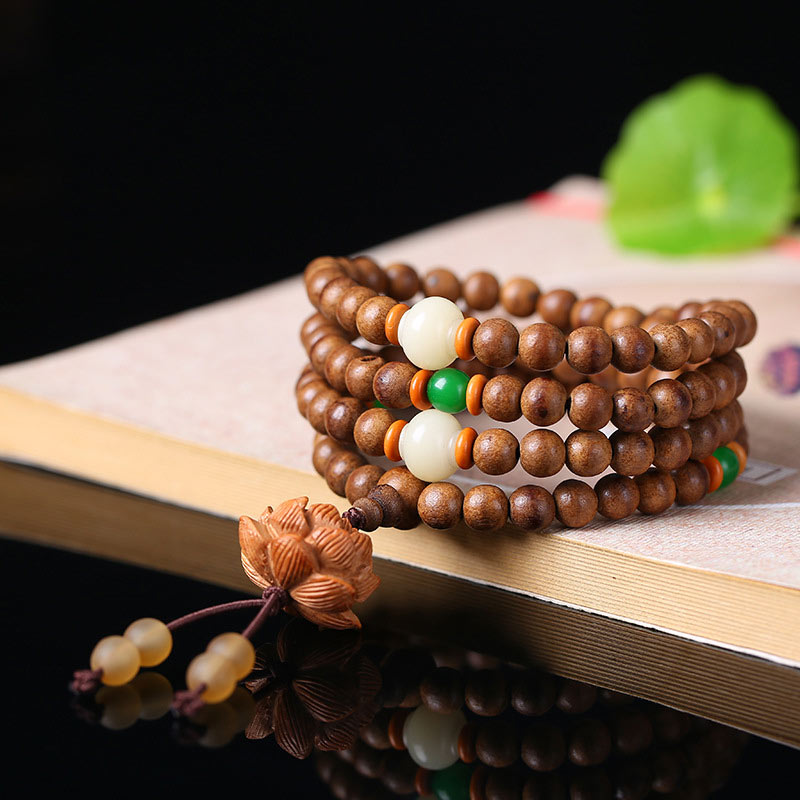 Fortune Jewel 108 Mala Beads Peach Wood Bodhi Seed Lotus Prayer Meditation Bracelet