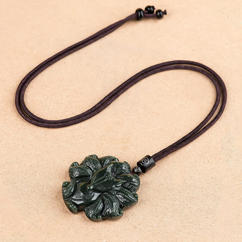 Fortune Jewel Hetian Cyan Jade Nine Tailed Fox Luck Necklace String Pendant
